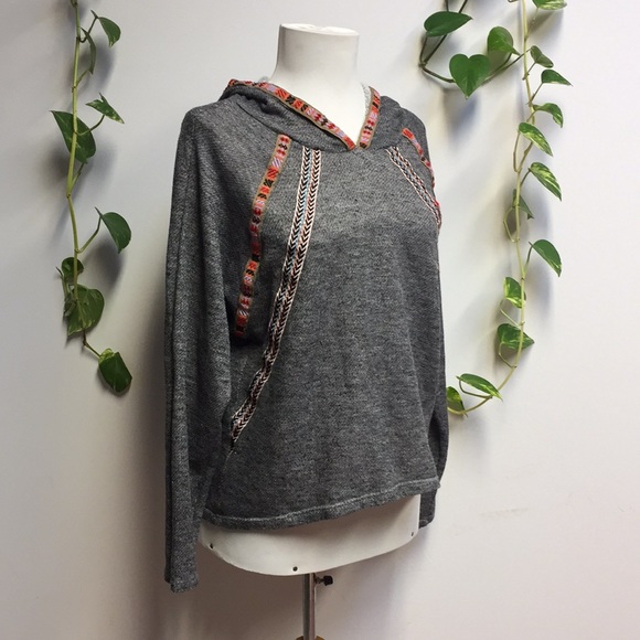 Heather Gray Cropped Boho Hoodie Sweater Top - Picture 1 of 7